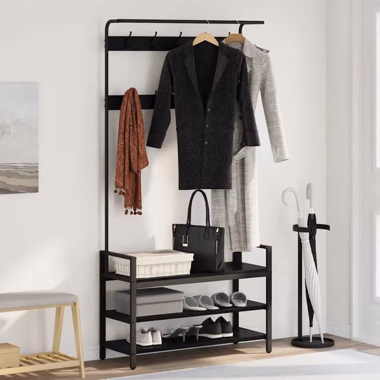 vidaXL Appendiabiti con Panca Moderno Nero L: 95 cm, P: 34 cm, H: 184 cm