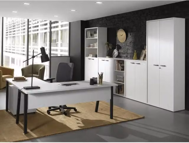 Set di 8 mobili da ufficio professionali Meublorama collezione SOON in colore bianco con scrivania, armadietto, cassettiera e scaffale in materiale composito opaco