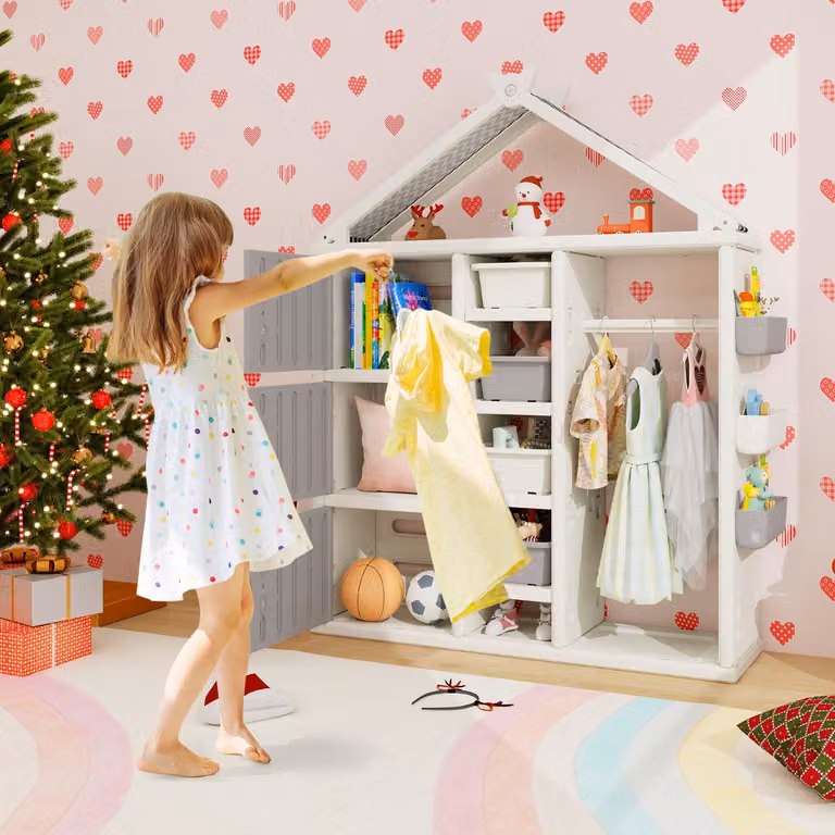 Armadio portaoggetti per bambini Costway con appendiabiti e 3 armadietti, organizzatore per cameretta, Grigio e Bianco