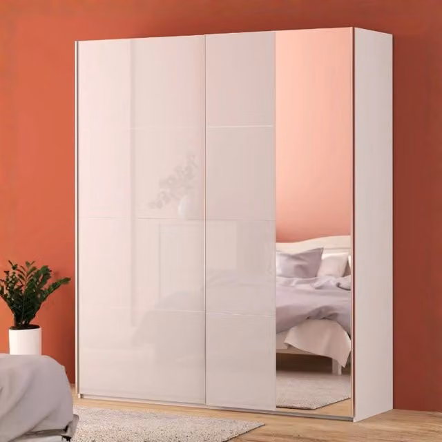 Armadio Afra Effezeta con 2 ante scorrevoli e specchio, bianco lucido, L: 200,1 cm, P: 61,2 cm, H: 235 cm