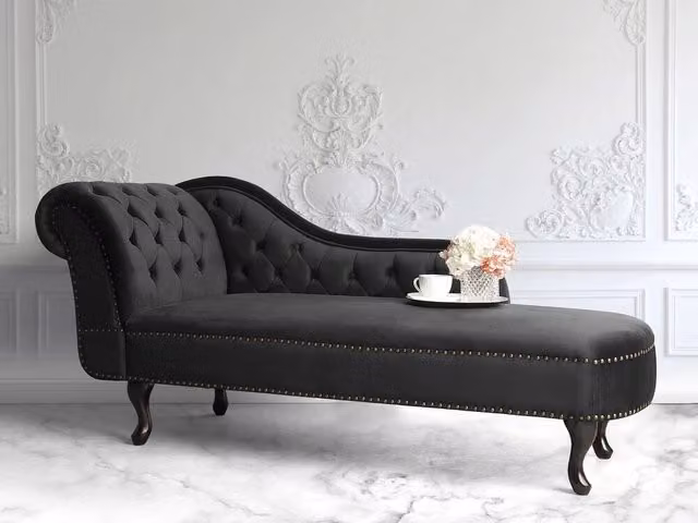 Chaise Longue BELIANI in Velluto Nero Stile Chesterfield con Bottoni Versione Sinistra L/P/H: 169 x 65 x 79 cm