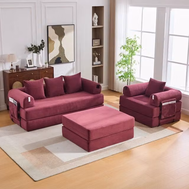 Set da soggiorno modulare MIVRAY in velluto a coste rosso con divano a 3 posti, poltrona, pouf e struttura in metallo