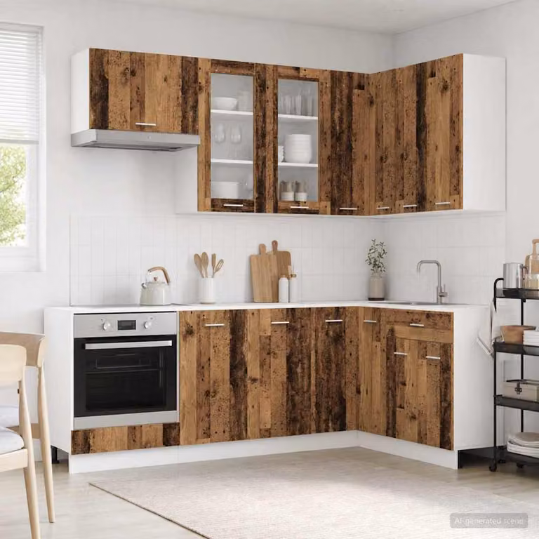 Unità cucina moderna vidaXL LYON composta da 8 pezzi in legno marrone con ante in vetro e ripiani interni