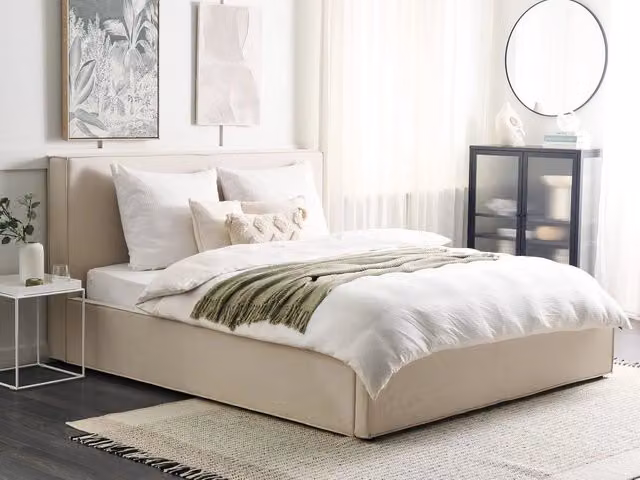 Letto King Size con Contenitore Beliani Beige con Rivestimento in Tessuto e Telaio a Doghe L/P: 180 x 200 cm