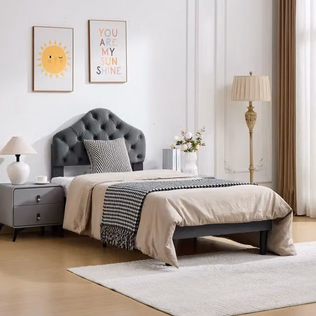 Letto Singolo Imbottito Minimal con Testiera Regolabile in Velluto Grigio e Rete a Doghe, L/P/H: 90 x 200 cm