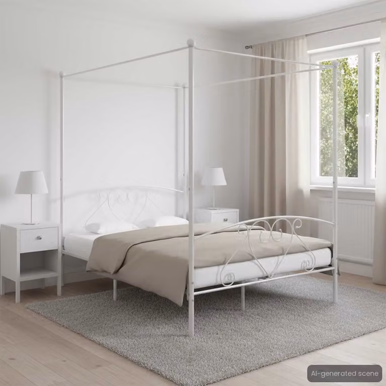 vidaXL Giroletto con Baldacchino in Metallo Bianco L/P/H: 209 x 140 x 198 cm