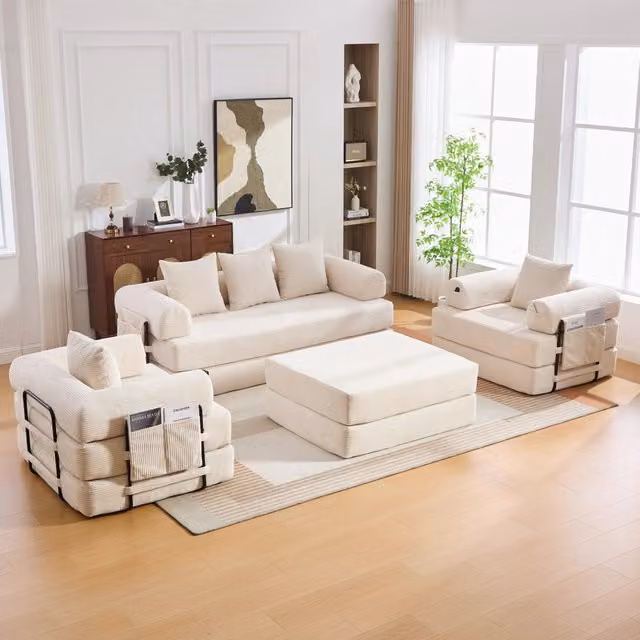 Set divano modulare MIVRAY in velluto a coste beige con poltrona e pouf, struttura in metallo e funzione letto