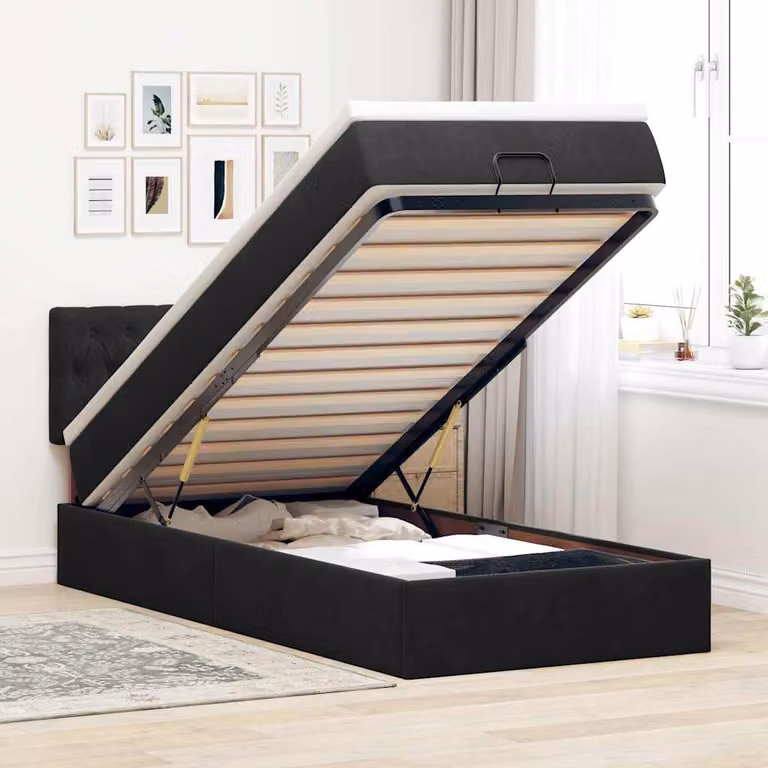 vidaXL Struttura Letto con Materasso e Contenitore a Sollevamento, Rivestimento in Velluto Nero, L: 190 cm, P: 90 cm, H: 88 cm