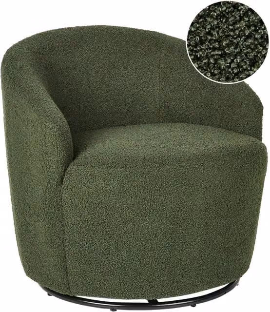 Poltrona girevole 360° BELIANI in tessuto bouclé verde con schienale curvo e base dorata in stile Art Deco