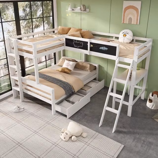 Letto a soppalco per bambini con scrivania, cassetti e scala, bianco rovere, L/P/H: 200 x 140 x 205,5 cm