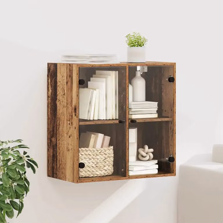 Armadietto a muro vidaXL in legno e vetro marrone con ante in vetro e ripiani interni, L: 68,0 cm, P: 37,0 cm, H: 68,5 cm