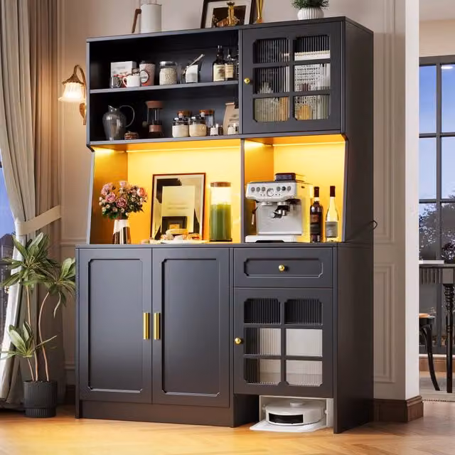 Mobile colonna da cucina Mivray nero con ante in vetro e illuminazione integrata L/P/H: 130 x 45 x 180 cm