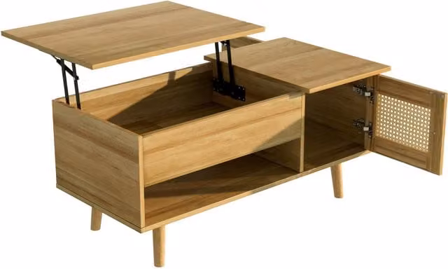 Tavolino da salotto moderno GL Store con piano sollevabile e ante in rattan e legno, L/P/H: 103 x 50 x 46 cm, disponibile nei colori sabbia, marrone o nero