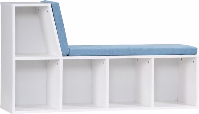 Libreria banco 2 in 1 HOMCOM con 5 compartimenti di archiviazione e 2 cuscini, L: 108 cm, P: 30 cm, H: 60 cm, bianco e blu