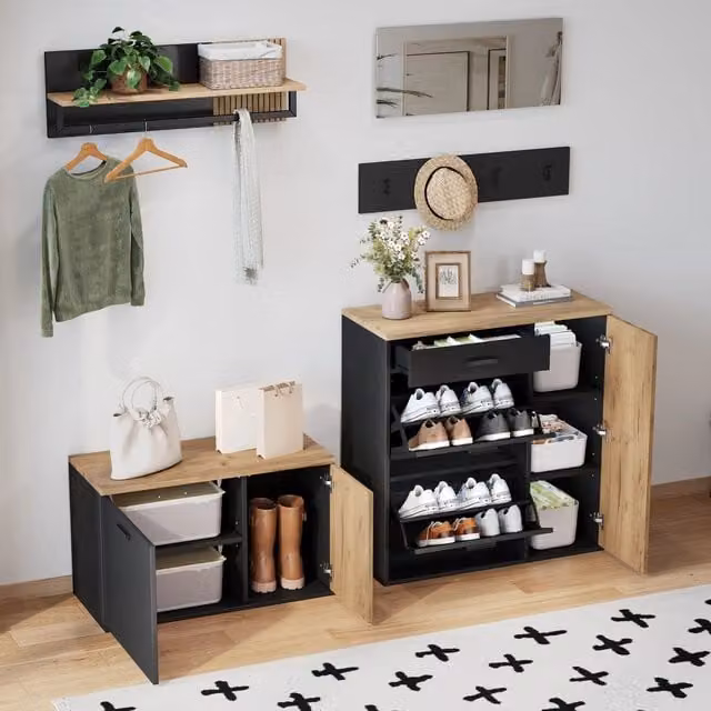 Set da ingresso moderno FOLYNA composto da 5 pezzi in nero opaco con scarpiera ribaltabile, panca, specchio e appendiabiti in MDF