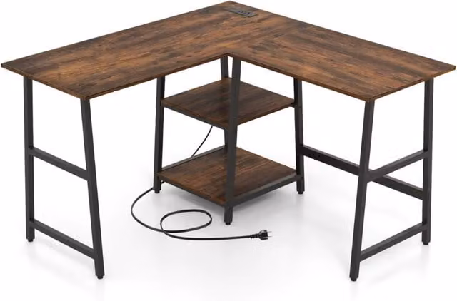Scrivania angolare moderna in MDF laminato opaco con struttura in metallo e legno, colore marrone e nero, ideale per home office