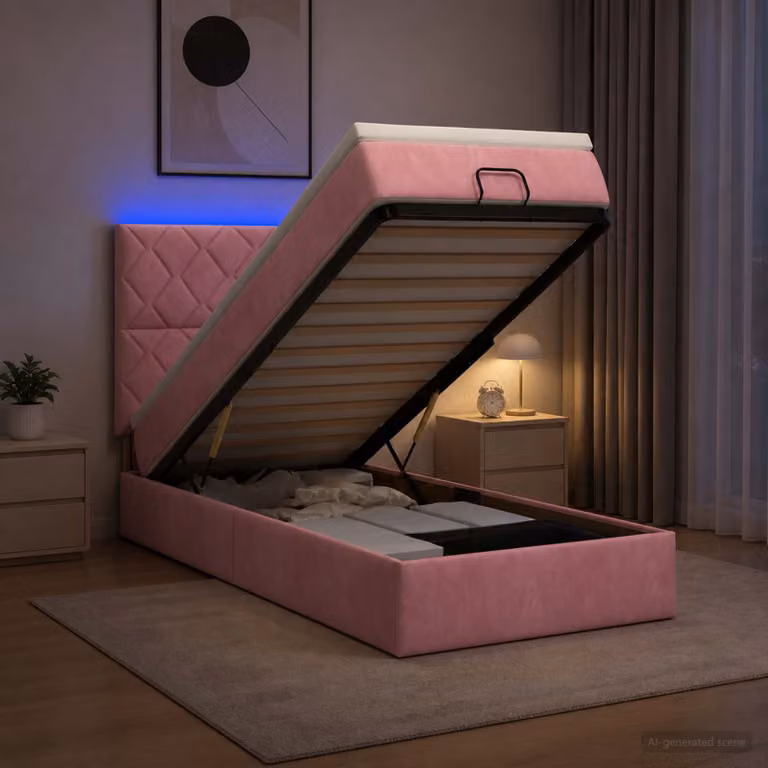 Letto Ottomano vidaXL con Materasso e Illuminazione LED in Velluto Rosa, L: 200 cm, P: 100 cm, H: 140 cm