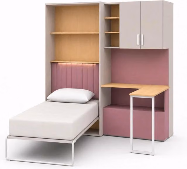 Cameretta Completa con Letto a Scomparsa, Armadio, Cassettiera e Scrivania in Melaminico per Bambini e Ragazzi, Colore Cashmere e Rosa, L: 133 cm, P: 208.5 cm, H: 45-216 cm