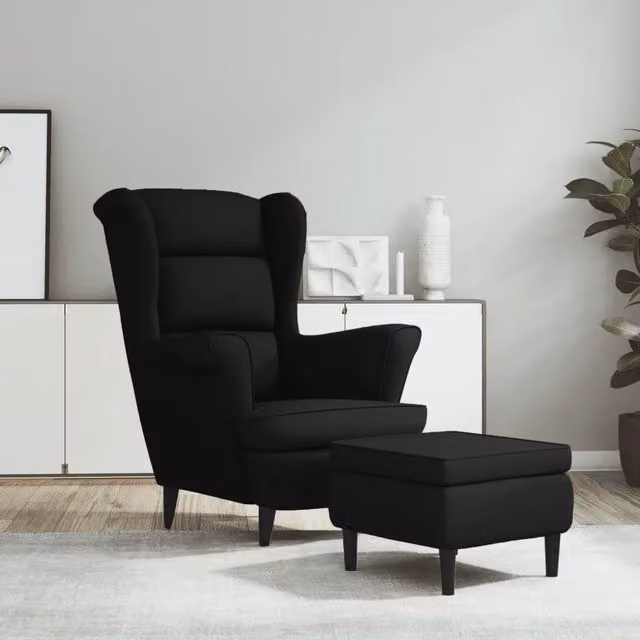 Poltrona relax con poggiapiedi integrato vidaXL in velluto nero con struttura in legno e schienale ad ala per il tuo soggiorno