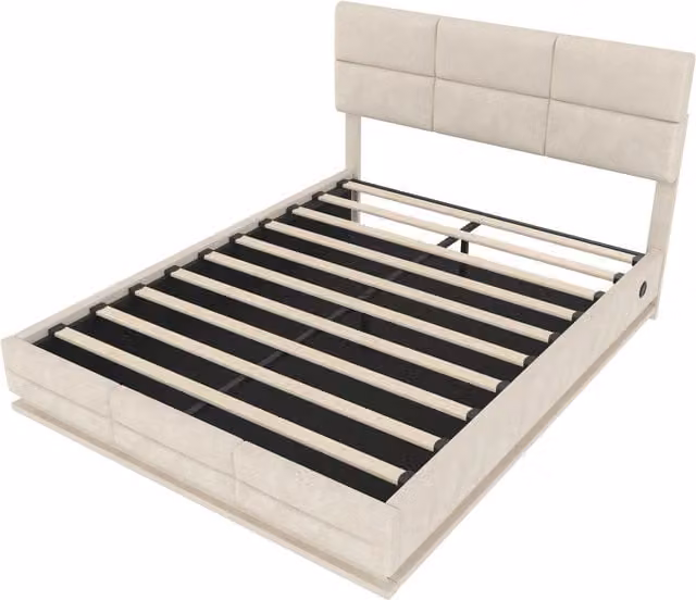 Letto imbottito Gomyway in velluto beige con illuminazione LED, porta USB e sistema di sollevamento idraulico, L/P: 140 x 200 cm