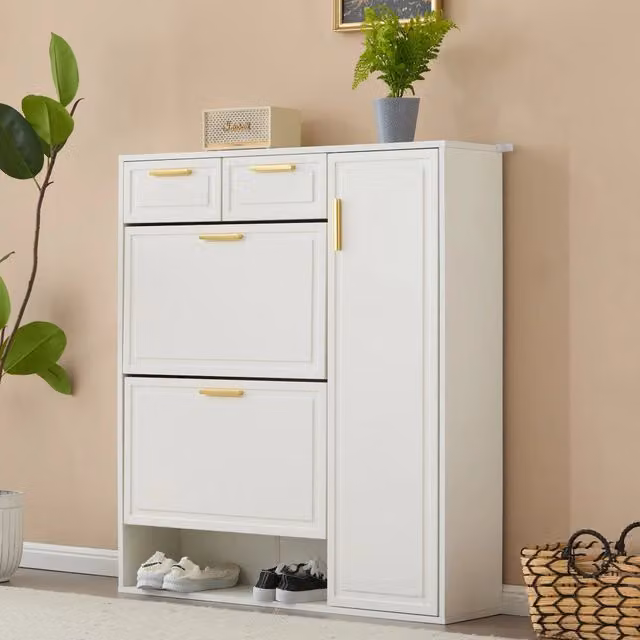 Scarpiera moderna bianca con 2 cassetti, ante a battente e vani aperti, maniglie in metallo, L: 95 cm, P: 24 cm, H: 107,5 cm
