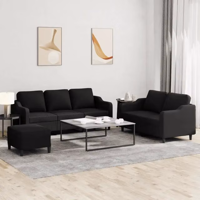 Set di divani moderno vidaXL composto da divano a 3 posti, divano a 2 posti e pouf, colore nero in tessuto con cuscini inclusi