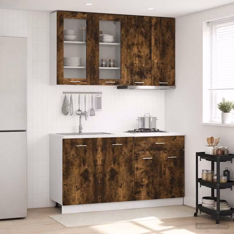 Unità cucina moderna vidaXL LYON in legno ingegnerizzato color rovere fumo con ante in vetro, 4 pezzi, L/P/H: 120 x 46 x 81,5 cm