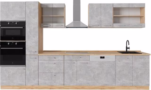 Cucina componibile moderna R-Line Vicco in colore grigio e rovere con larghezza: 350 cm