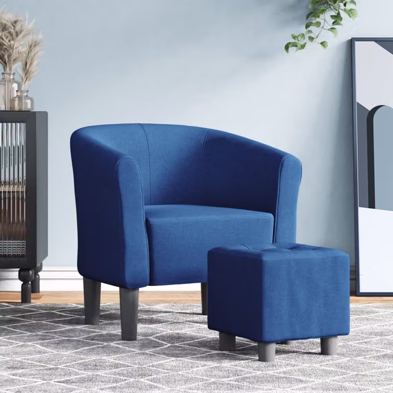 vidaXL Poltrona Cabriolet con Poggiapiedi Blu in Tessuto e Struttura in Legno e Plastica L/P/H: 70 x 68 x 56 cm