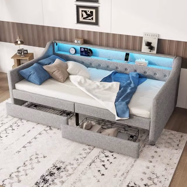 Letto divano singolo grigio in tessuto con 2 cassetti, illuminazione LED sottostante e porta USB, L/P/H: 90 x 200 x 78.5 cm