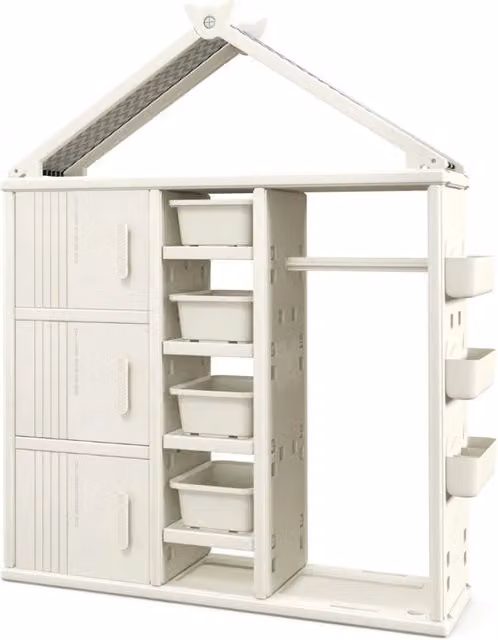 Armadio per bambini in plastica HDPE bianco con appendiabiti e ripiani interni L: 130 cm, P: 34 cm, H: 156 cm
