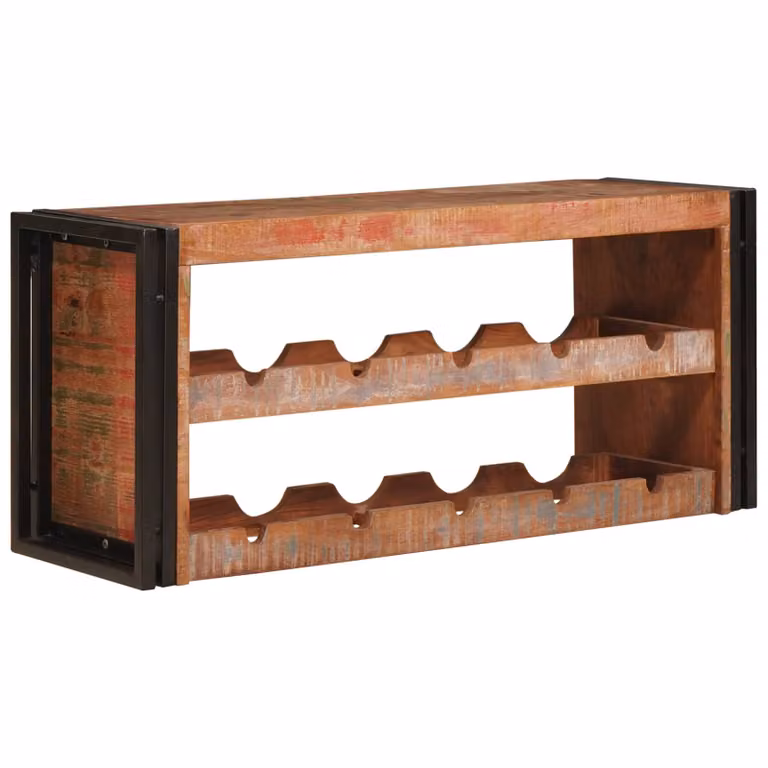 vidaXL Portabottiglie in stile industriale in legno massello e metallo, marrone, L 100 x P 45 x H 33 cm