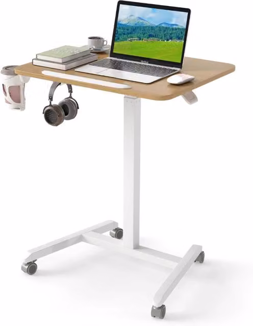Tavolino pieghevole per laptop con piano inclinabile e regolabile in altezza, colore sabbia e multicolore, con ruote e struttura in legno e metallo
