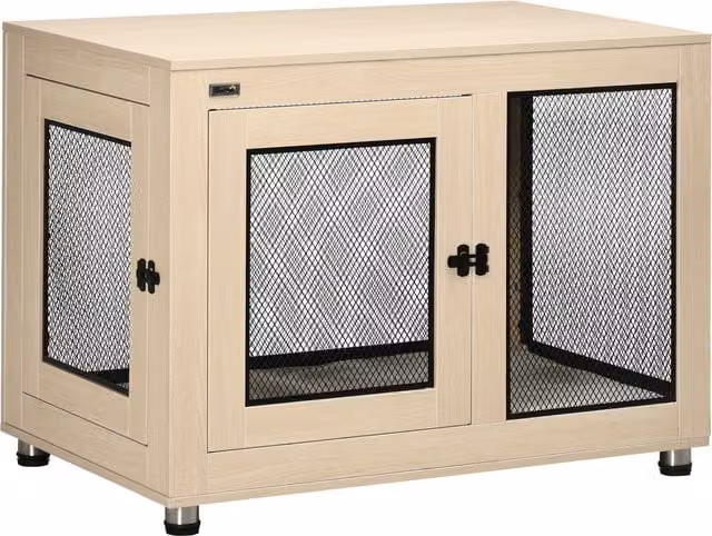 Gabbia per cani PawHut con design moderno e 2 porte bloccabili, Rovere e Nero, L: 94 cm, P: 60 cm, H: 71,5 cm