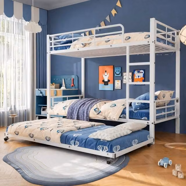 Letto a castello tre posti Mivray con letto estraibile e scala a 3 gradini in metallo bianco L/P/H: 204 x 90 x 160 cm