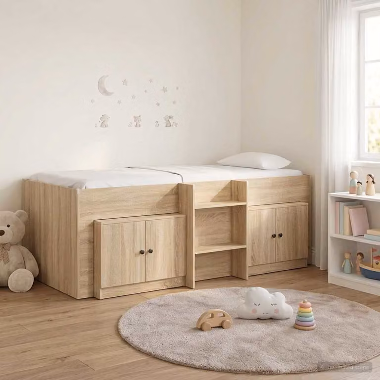 Letto a soppalco singolo vidaXL con mobile e scomparti laterali in legno Rovere Sonoma, H 203 x L 119,5 x P 76,7 cm, colore marrone