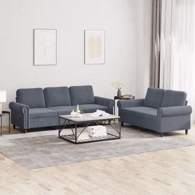 Set di divani vidaXL in velluto grigio composto da un divano a 2 posti e un divano a 3 posti con cuscini coordinati e braccioli per il tuo soggiorno moderno