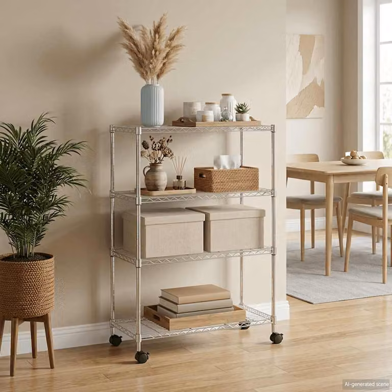 Scaffale a 4 Livelli con Ruote vidaXL in Metallo Argento L: 90 cm, P: 35 cm, H: 142 cm