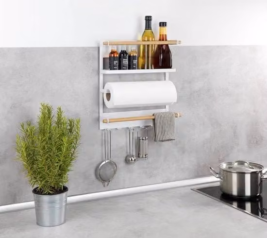 Scaffale da cucina Wenko moderno con pannello da parete in legno e metallo, L: 33 cm, P: 34 cm, H: 8 cm