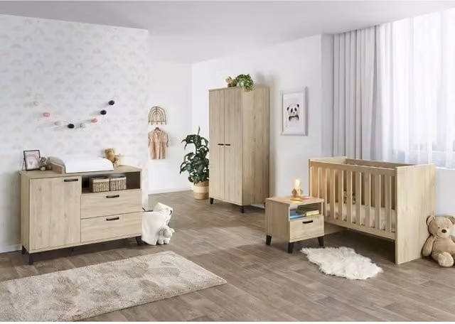 Set camera per bambino Meublorama DANAÉ in stile scandinavo, composta da letto trasformabile, armadio, fasciatoio e comodino, colore marrone e beige