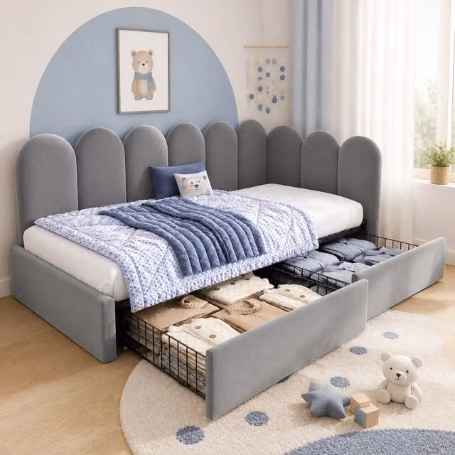 Letto daybed a L Mivray con cassetti e schienale imbottito in velluto grigio L/P/H: 209 x 94 x 76 cm