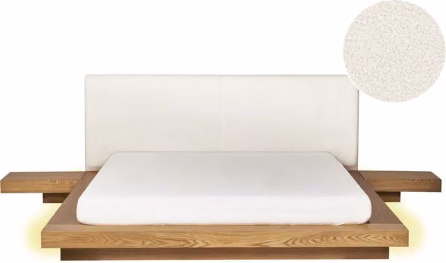 Letto BELIANI in stile giapponese con illuminazione LED sottostante, struttura in frassino naturale marrone e testata in legno impiallacciato con tessuto bouclé, L/P/H: 200 x 160 x 308 cm