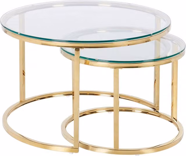 Set di 2 tavolini da caffè Beliani con piano rotondo in vetro e struttura in metallo oro per soggiorno glamour