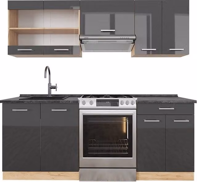 Cucina componibile moderna Vicco R-Line in antracite lucido e rovere dorato L: 200 cm