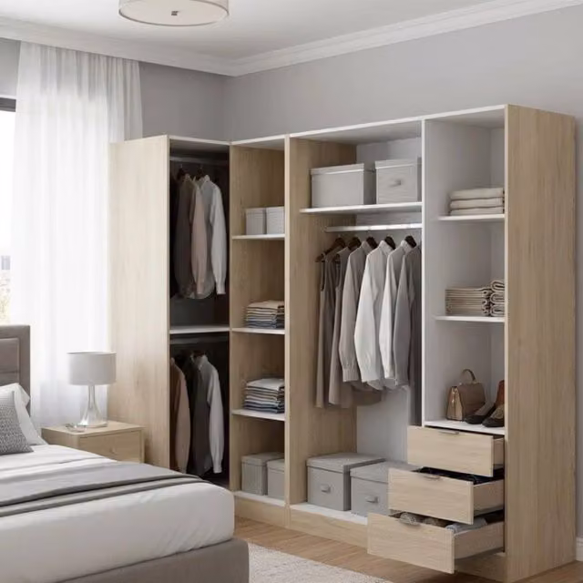 Guardaroba Atena DMORA, Armadio angolare per camera da letto con 5 ante battenti e cassetti integrati, Rovere, L: 214 cm, P: 90,5 cm, H: 184 cm