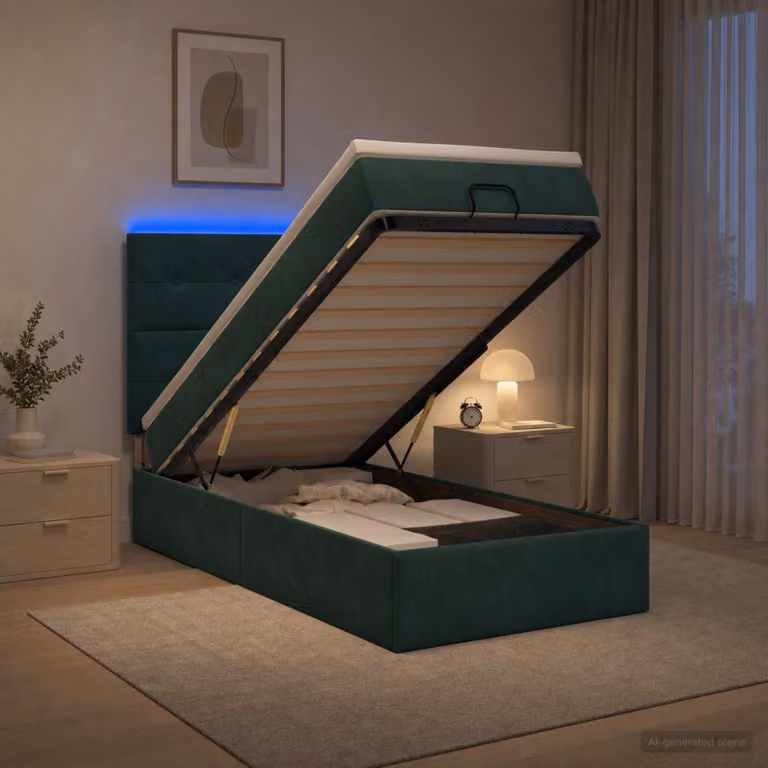 Letto Ottomano vidaXL con Materasso Ibrido e Illuminazione LED sotto il letto, Rivestimento in Velluto Verde Scuro, L/P/H: 190 x 90 x 88 cm