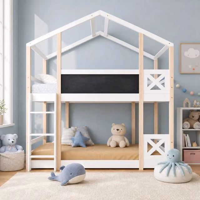 Letto a castello Mivray per bambini in legno di pino e MDF bianco con scala e struttura a casetta, L/P/H: 207 x 90 x 120 cm
