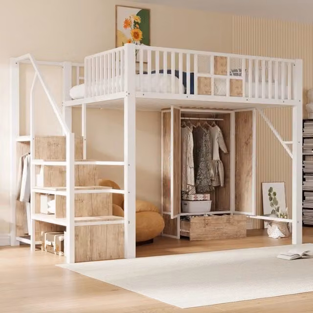 Letto a soppalco WISHDOR in metallo e legno con armadio, cassetti e scala contenitore, bianco, L/P: 140 x 200 cm