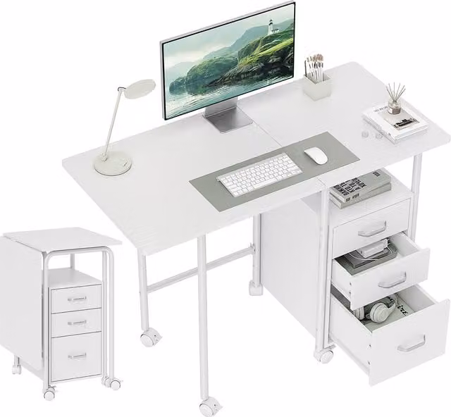 Scrivania per computer HOMCOM pieghevole con ruote e piano estensibile, 3 cassetti, bianco, L 105 x P 51 x H 75,5 cm