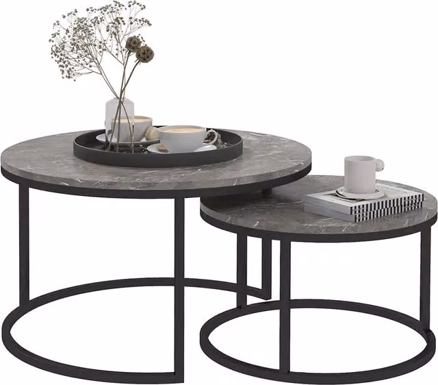 Set di 2 tavolini da salotto impilabili HOMCOM in stile industriale con piano effetto cemento e struttura in metallo grigio e nero